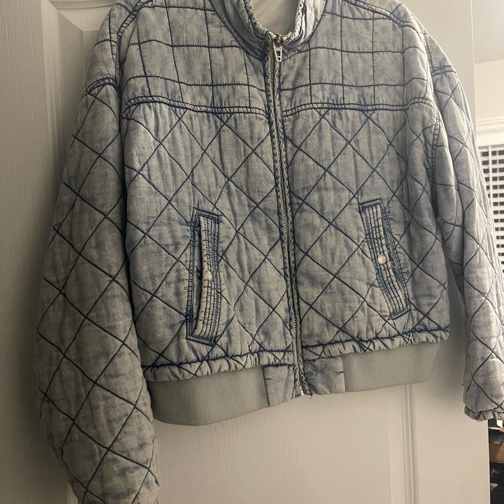 Blank NYC Light Blue Quilted Bomber Jacket Denim look